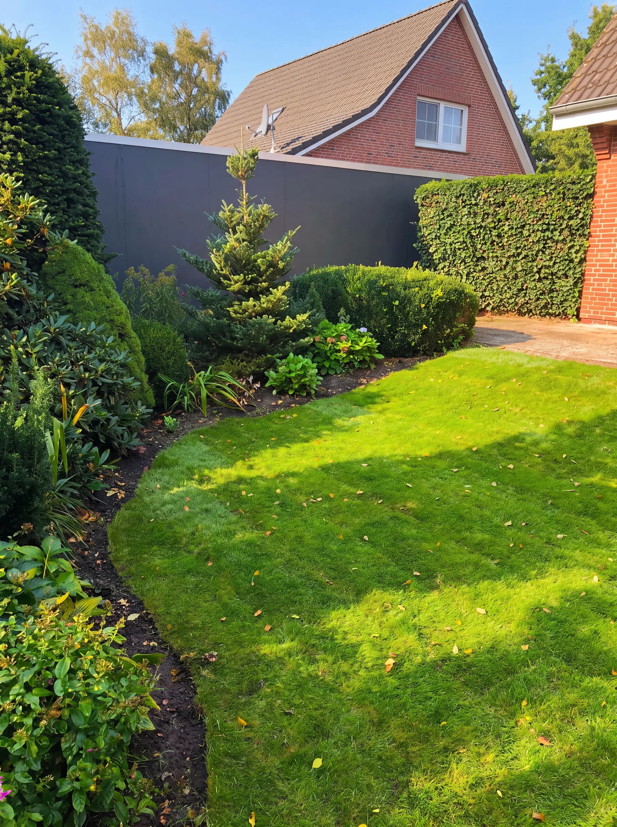 Gepflegter Sommergarten mit frischem Rasen, geschnittenen Buchskugeln, Hecke und sauberen Beetkanten in Elmshorn und Umgebung