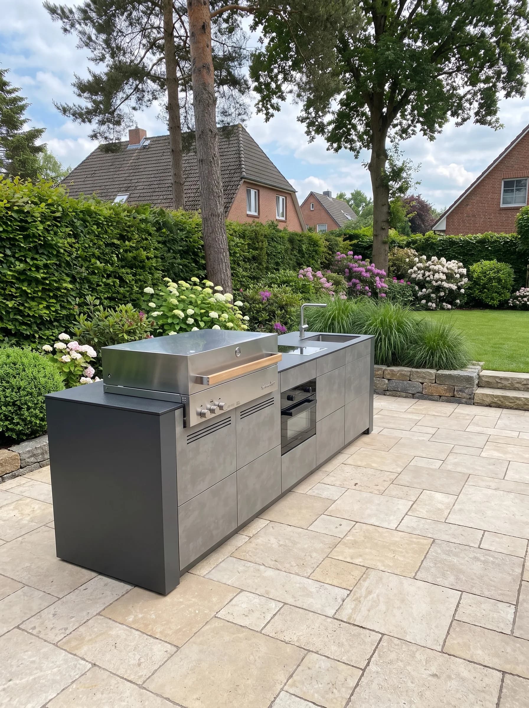 Moderne Outdoorküche mit Einbaugrill, Spüle und Ofen auf einer neu gepflasterten Natursteinterrasse, angelegt im Kreis Pinneberg