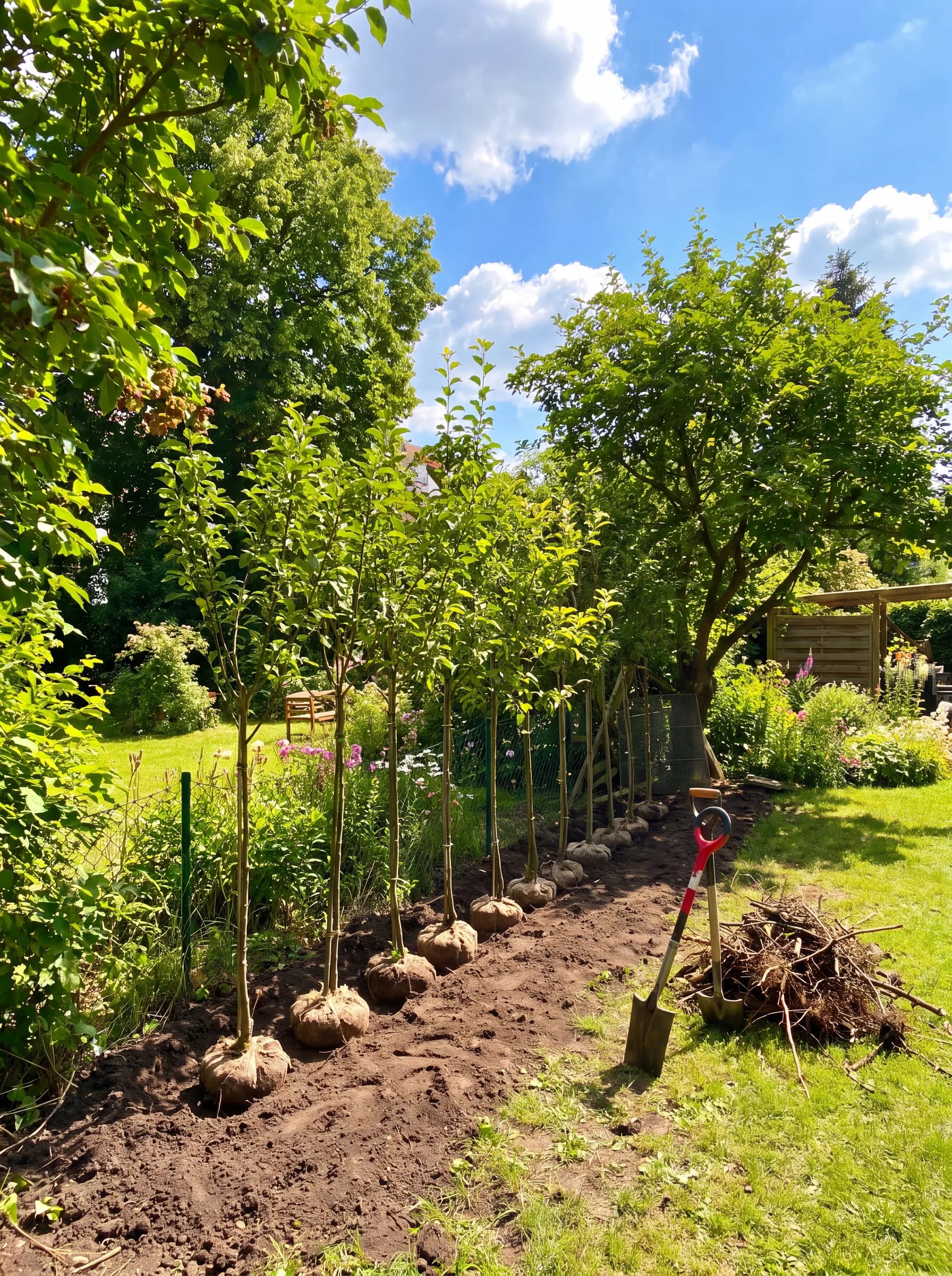 Frisch gepflanzte junge Bäume mit Wurzelballen entlang eines Gartenwegs an einem sonnigen Sommertag in Elmshorn
