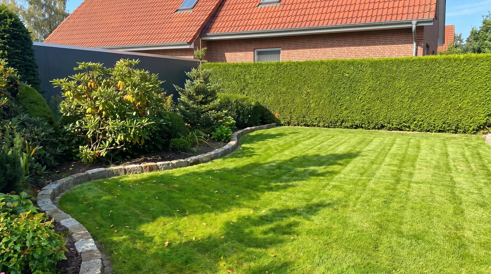 Gepflegter Garten mit gestreiftem Rasen, Natursteinkante und geschnittener Hecke von Paul Hermann in Elmshorn